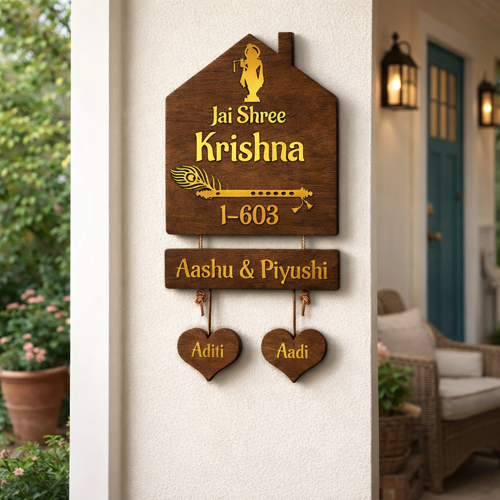 Krishna-Themed Personalized Wooden Nameplate