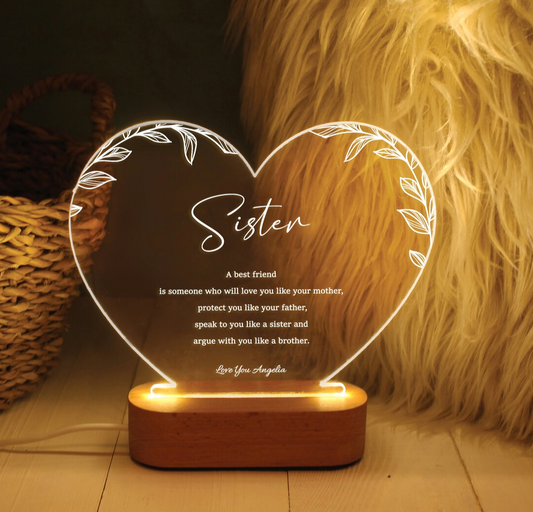 Personalized Heart-Shaped Acrylic LED Lamp | Custom Sister & Best Friend Night Light