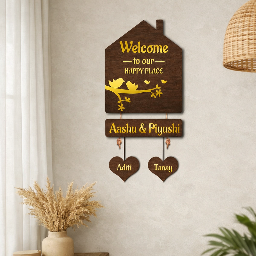 Luxury 3D Wooden Hut Nameplate with Gold Acrylic