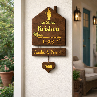 Krishna-Themed Personalized Wooden Nameplate