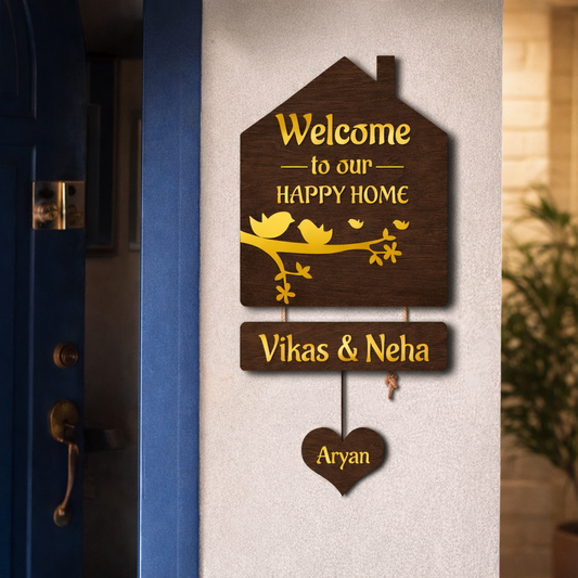 Luxury 3D Wooden Hut Nameplate with Gold Acrylic