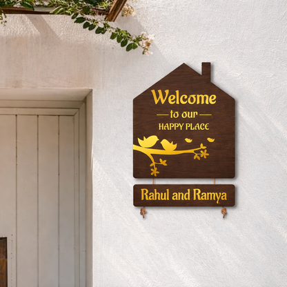 Luxury 3D Wooden Hut Nameplate with Gold Acrylic