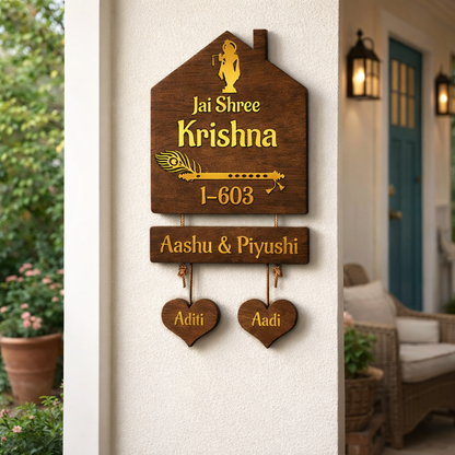 Krishna-Themed Personalized Wooden Nameplate