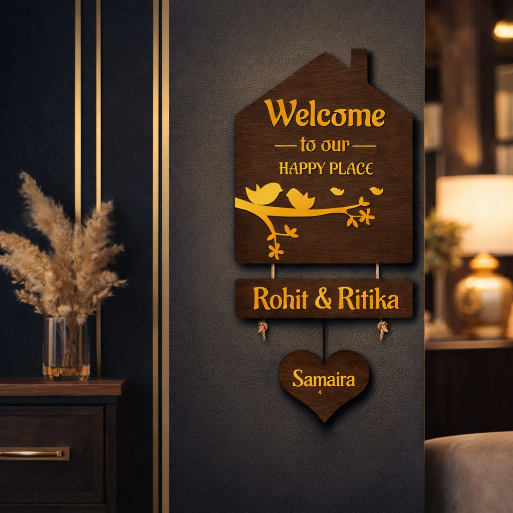 Luxury 3D Wooden Hut Nameplate with Gold Acrylic