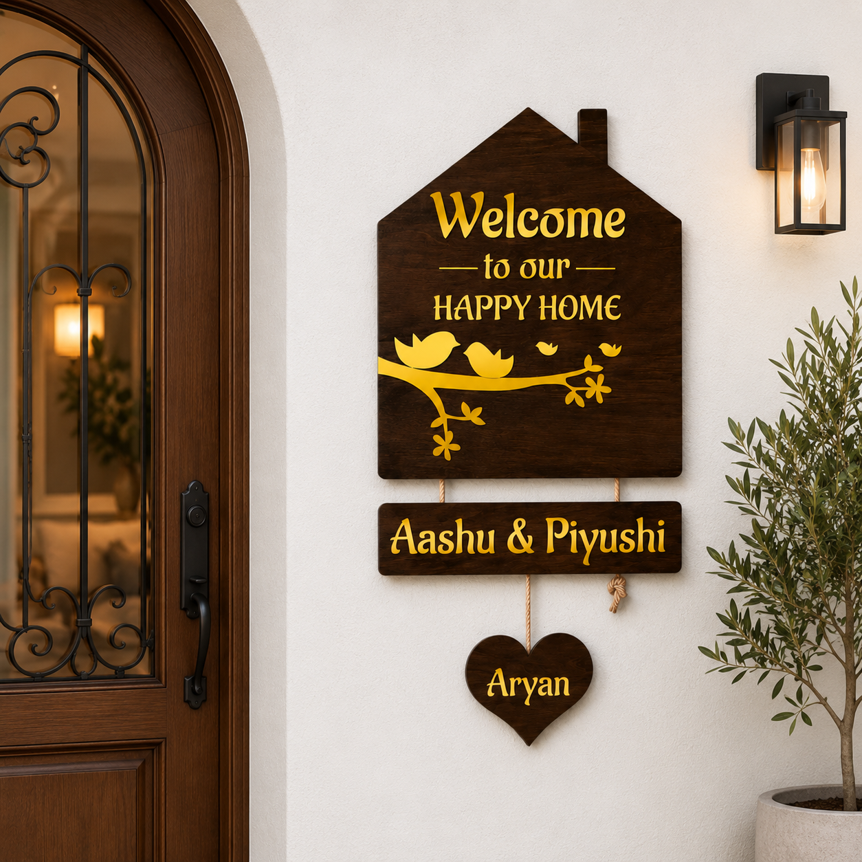 Custom 3D Wooden Hut Nameplate with Gold Acrylic Finish