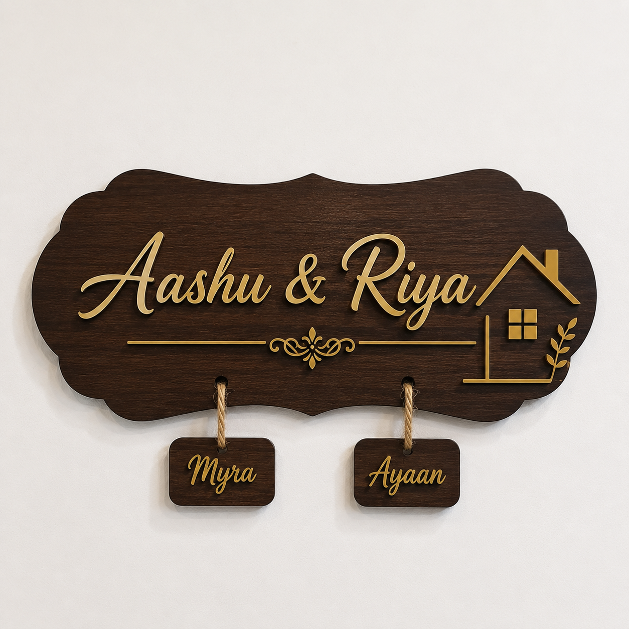 Personalized MDF Wooden Couple Name Plate with Kid Name Tag