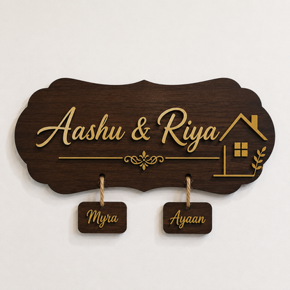 Personalized MDF Wooden Couple Name Plate with Kid Name Tag