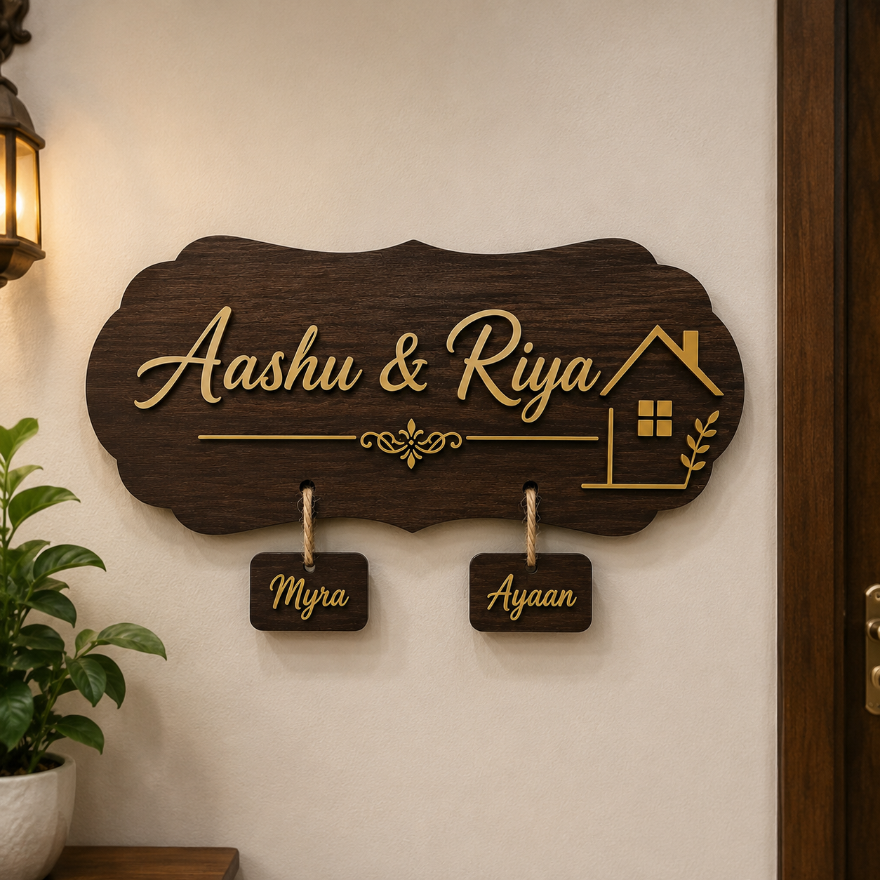Personalized MDF Wooden Couple Name Plate with Kid Name Tag