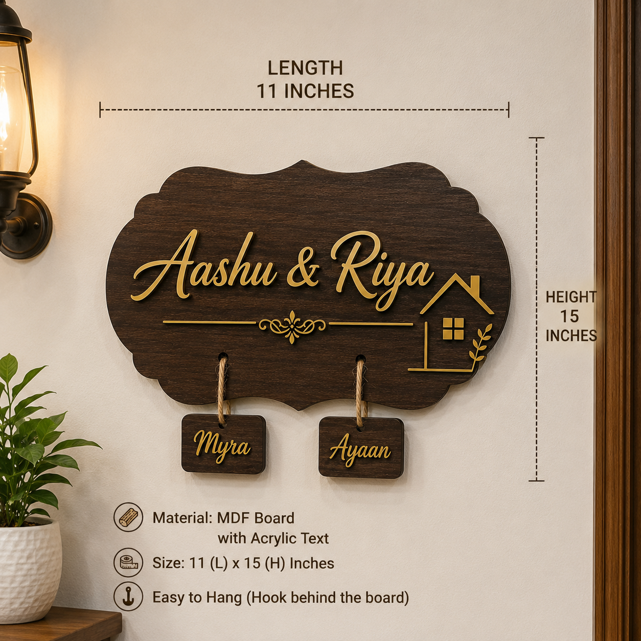 Personalized MDF Wooden Couple Name Plate with Kid Name Tag