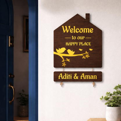 Luxury 3D Wooden Hut Nameplate with Gold Acrylic
