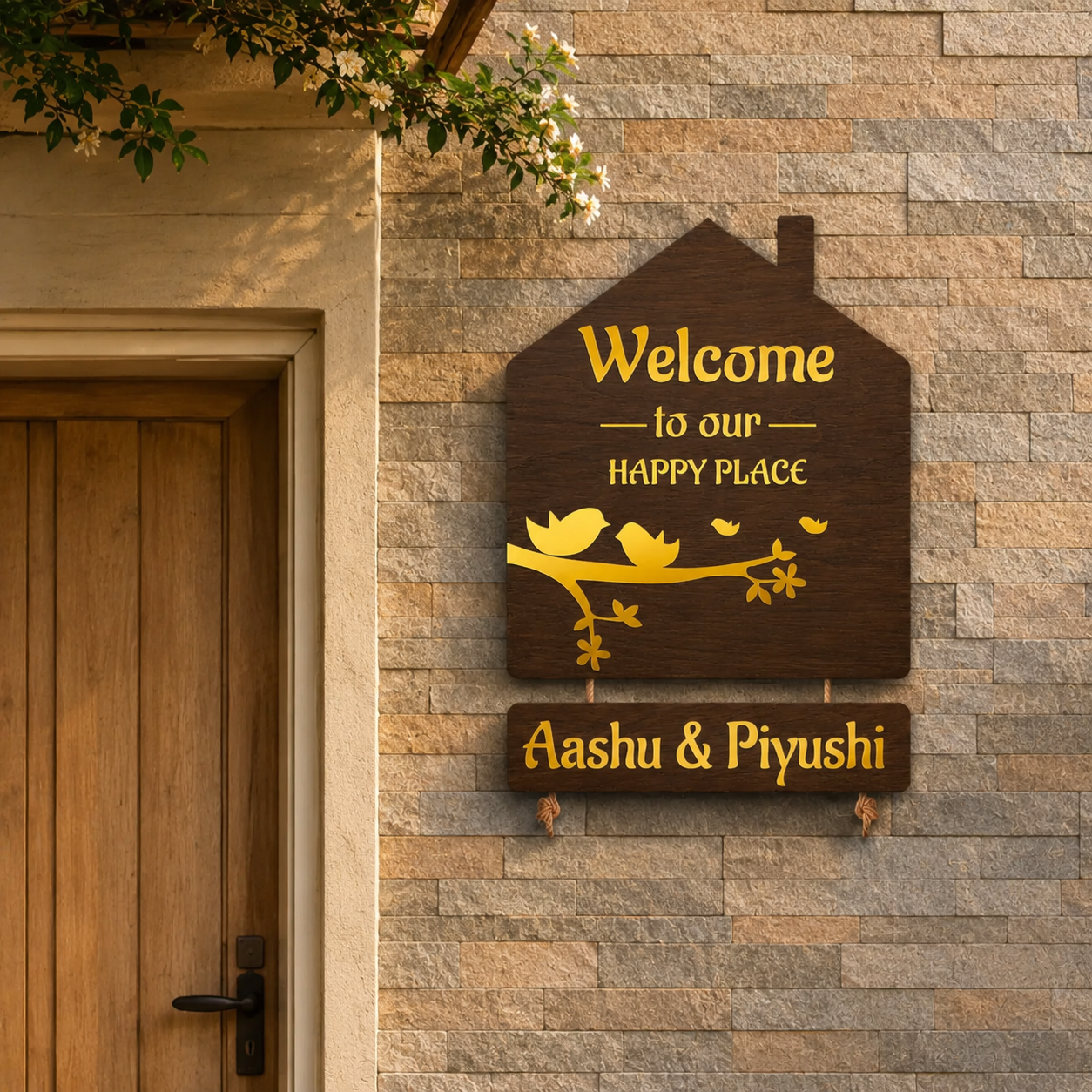 Custom 3D Wooden Hut Nameplate with Gold Acrylic Finish