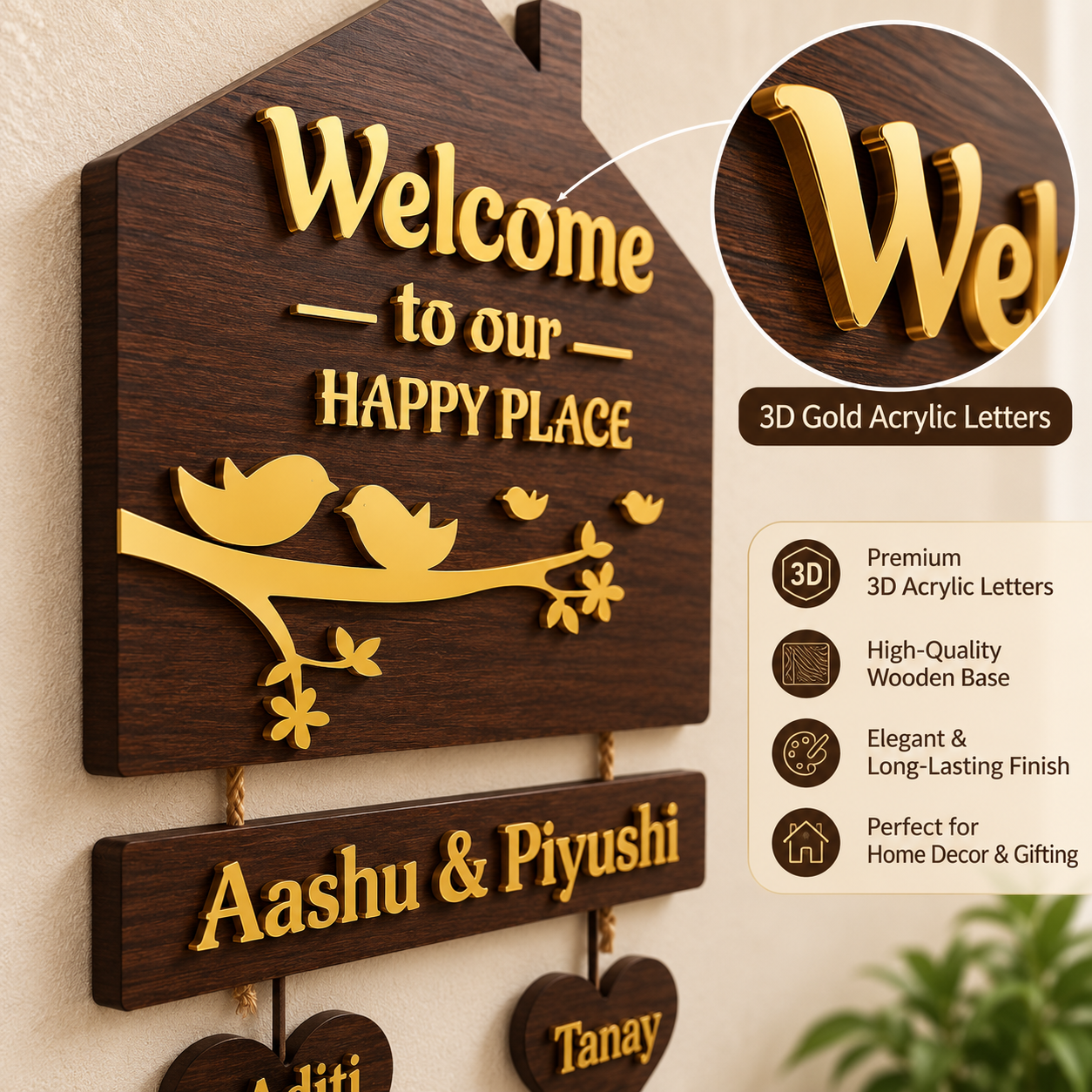 Custom 3D Wooden Hut Nameplate with Gold Acrylic Finish
