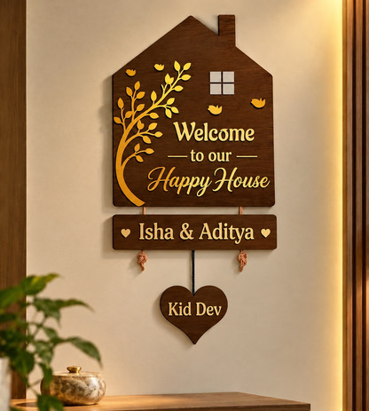 Personalized Family House Nameplate with Kids’ Hanging Hearts