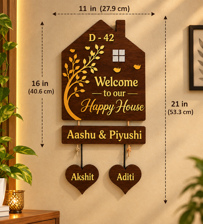 Personalized Family House Nameplate with Kids’ Hanging Hearts