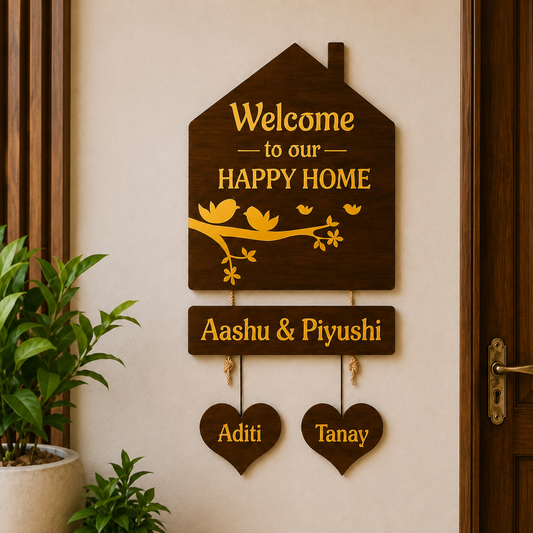 Custom 3D Wooden Hut Nameplate with Gold Acrylic Finish