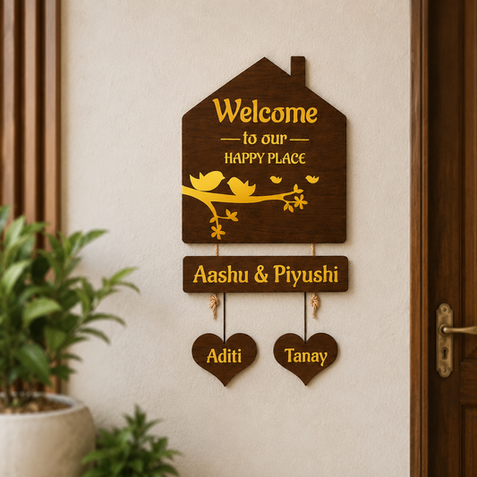 Custom 3D Wooden Hut Nameplate with Gold Acrylic Finish