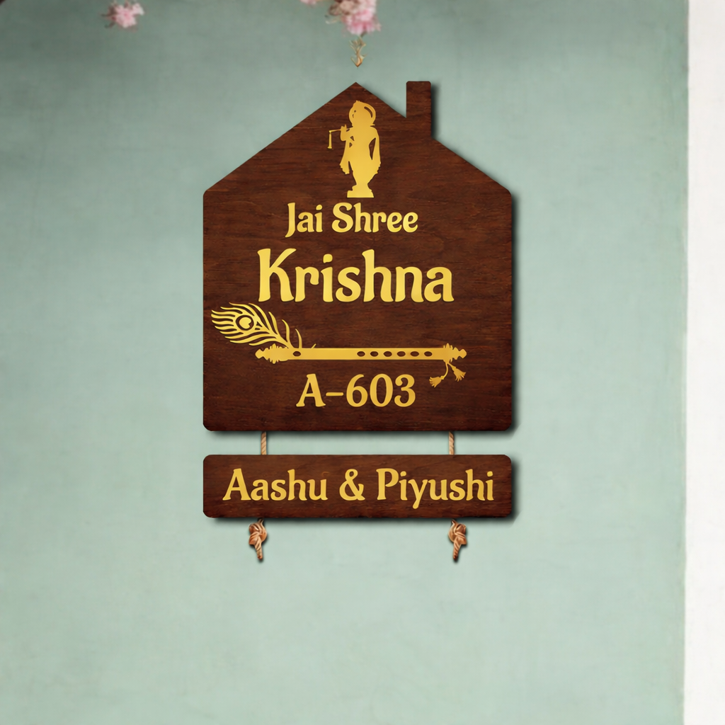 Krishna-Themed Personalized Wooden Nameplate